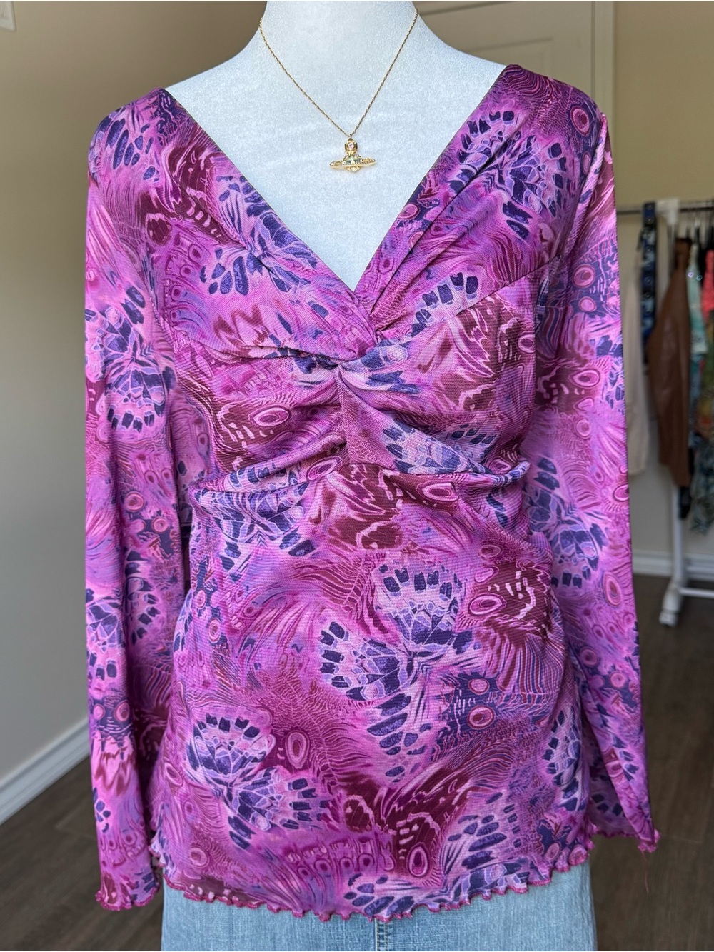 Purple Floral Fairy Y2K Babydoll Women's Long Sleeve V-Neck Blouse